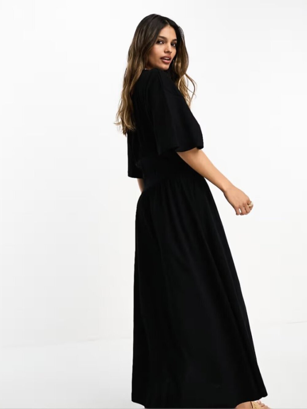 River Island | Black Cinched Waist Midi Tee Dress with Pockets | Size 14 - Picture 2 of 6